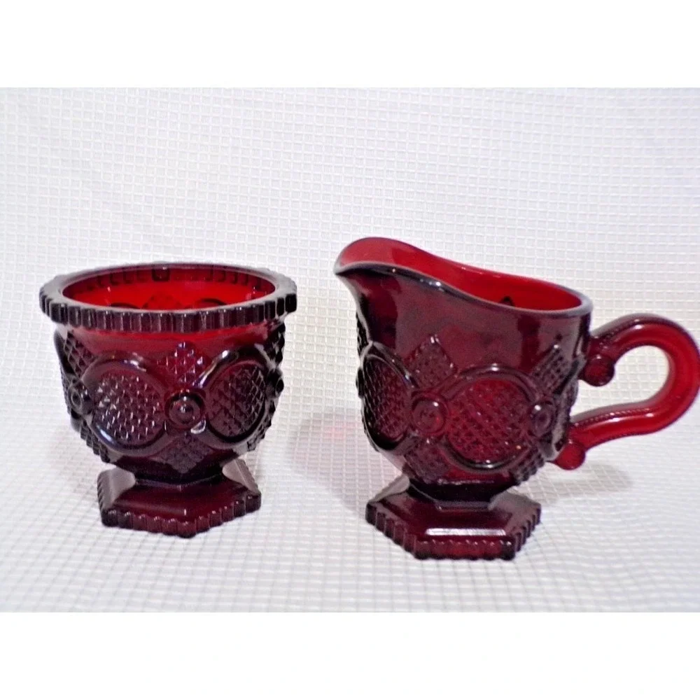 Vintsge Ruby Red Avon Cape Cod Collection 1876 Creamer, Sugar, Salt & Pepper Set